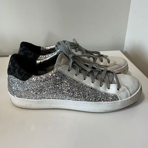 P448 Silver Glitter Leopard White Sneakers Shoes Size 38
